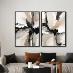 Yağlı Boya Dokulu Tablo Siyah Beyaz Bej Soyut İkili Set Siyah Çerçeveli