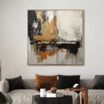 Yağlı Boya Dokulu Tablo Kahve Siyah Beyaz Soyut Altın Çerçeveli