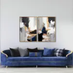 Yağlı Boya Dokulu Tablo Siyah Beyaz Bej Soyut İkili Set Altın Çerçeveli