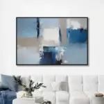 Yağlı Boya Dokulu Tablo Mavi Beyaz Soyut Siyah Çerçeveli