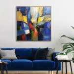 Yağlı Boya Dokulu Tablo Renkli Kare Soyut Altın Çerçeveli