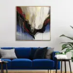 Yağlı Boya Dokulu Tablo Renkli Kare Soyut Altın Çerçeveli