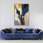 Yağlı Boya Dokulu Tablo Lacivert Bej Altın Soyut Altın Çerçeveli