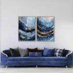 Yağlı Boya Dokulu Tablo Mavi Altın Gold Soyut İkili Set Altın Çerçeveli