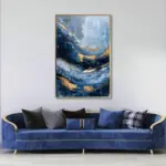 Yağlı Boya Dokulu Tablo Mavi Altın Gold Soyut Altın Çerçeveli