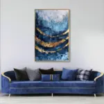 Yağlı Boya Dokulu Tablo Mavi Altın Gold Soyut Altın Çerçeveli