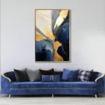 Yağlı Boya Dokulu Tablo Lacivert Bej Altın Soyut Altın Çerçeveli