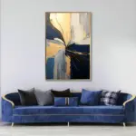 Yağlı Boya Dokulu Tablo Lacivert Bej Altın Soyut Altın Çerçeveli