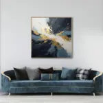 Yağlı Boya Dokulu Tablo Siyah Mavi Altın Soyut Altın Çerçeveli