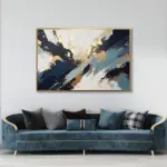 Yağlı Boya Dokulu Tablo Siyah Mavi Altın Soyut Altın Çerçeveli