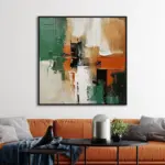 Yağlı Boya Dokulu Tablo Yeşil Bej Kare Soyut Siyah Çerçeveli