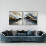 Yağlı Boya Dokulu Tablo Siyah Altın Gri İkili Set Altın Çerçeveli