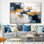 Yağlı Boya Dokulu Tablo Gri Beyaz Zeminli Soyut Altın Çerçeveli