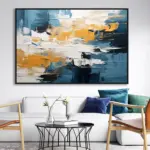 Yağlı Boya Dokulu Tablo Mavi Siyah Zeminli Soyut Siyah Çerçeveli