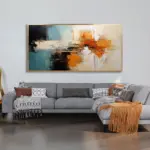 Yağlı Boya Dokulu Tablo Mavi Siyah Turuncu Soyut Altın Çerçeveli