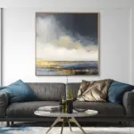 Yağlı Boya Dokulu Tablo Soyut Deniz Manzara Altın Çerçeveli