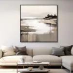 Yağlı Boya Dokulu Tablo Soyut Göl Manzarası Siyah Çerçeveli