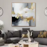 Yağlı Boya Dokulu Tablo Gri Beyaz Bej Soyut Altın Çerçeveli