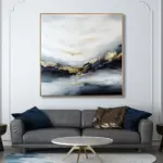 Yağlı Boya Dokulu Tablo Soyut Dalgalı Deniz Manzara Altın Çerçeveli