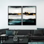 Yağlı Boya Dokulu Tablo Siyah Beyaz Soyut İkili Set Siyah Çerçeveli