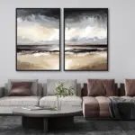 Yağlı Boya Dokulu Tablo Soyut Manzara İkili Set Siyah Çerçeveli