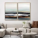 Yağlı Boya Dokulu Tablo Soyut Manzara İkili Set Altın Çerçeveli