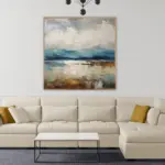 Yağlı Boya Dokulu Tablo Soyut Dağlı Manzara Altın Çerçeveli