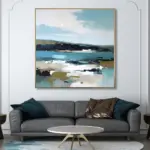 Yağlı Boya Dokulu Tablo Mavi Siyah Soyut Manzara Altın Çerçeveli