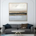 Yağlı Boya Dokulu Tablo Bej Soyut Manzara Altın Çerçeveli