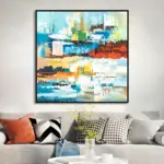 Yağlı Boya Dokulu Tablo Soyut Renkli İstanbul Manzara Siyah Çerçeveli