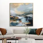 Yağlı Boya Dokulu Tablo Soyut Göl Kıyısı Altın Çerçeveli