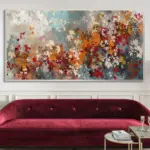 Yağlı Boya Dokulu Tablo Soyut Renkli Çiçekler Gümüş Çerçeveli