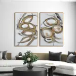 Yağlı Boya Dokulu Tablo Bej Altın Modern Halkalar İkili Set Altın Çerçeveli