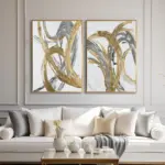 Yağlı Boya Dokulu Tablo Bej Altın Modern Çizimler Altın Çerçeveli