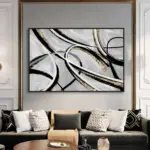 Yağlı Boya Dokulu Tablo Siyah Beyaz Altın Soyut Siyah Çerçeveli