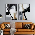 Yağlı Boya Dokulu Tablo Siyah Beyaz Altın Soyut Siyah Çerçeveli