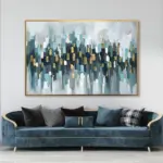 Yağlı Boya Dokulu Tablo Mavi Beyaz Altın Soyut Altın Çerçeveli