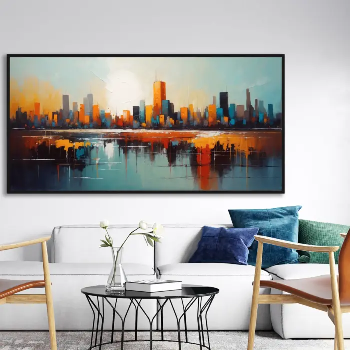 Yağlı Boya Dokulu Tablo Soyut Şehir Manzarası New York Siyah Çerçeveli - Görsel 1