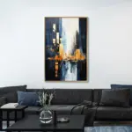 Yağlı Boya Dokulu Tablo Soyut Şehir Manzarası Manhattan Altın Çerçeveli