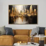 Yağlı Boya Dokulu Tablo Soyut Şehir Manzarası Altın Çerçeveli