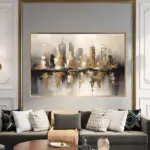 Yağlı Boya Dokulu Tablo Soyut Şehir Manzarası Altın Çerçeveli