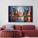 Yağlı Boya Dokulu Tablo Soyut Şehir Manzarası Siyah Çerçeveli