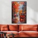 Yağlı Boya Dokulu Tablo Sonbahar Şehir Manzarası Siyah Çerçeveli