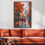 Yağlı Boya Dokulu Tablo Sonbahar Şehir Manzarası Siyah Çerçeveli