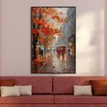 Yağlı Boya Dokulu Tablo Sonbahar Şehir Manzarası Siyah Çerçeveli