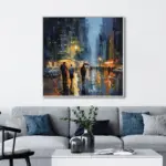 Yağlı Boya Dokulu Tablo Soyut Gece Şehir Manzarası Gümüş Çerçeveli