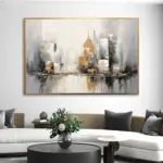 Yağlı Boya Dokulu Tablo Soyut İstanbul Galata Kulesi Altın Çerçeveli