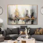 Yağlı Boya Dokulu Tablo Soyut New York Manzara Altın Çerçeveli