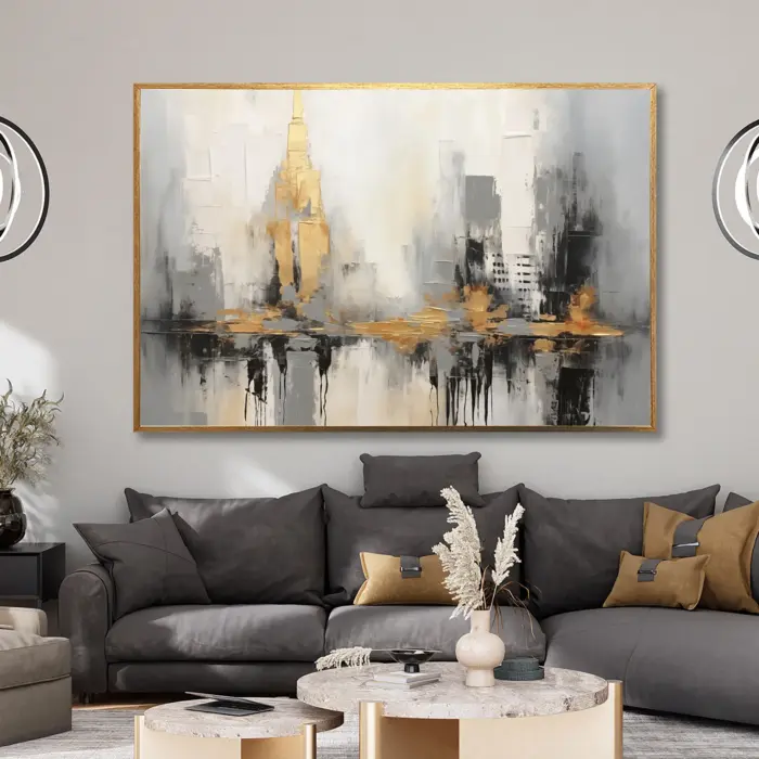 Yağlı Boya Dokulu Tablo Soyut New York Manzara Altın Çerçeveli - Görsel 1