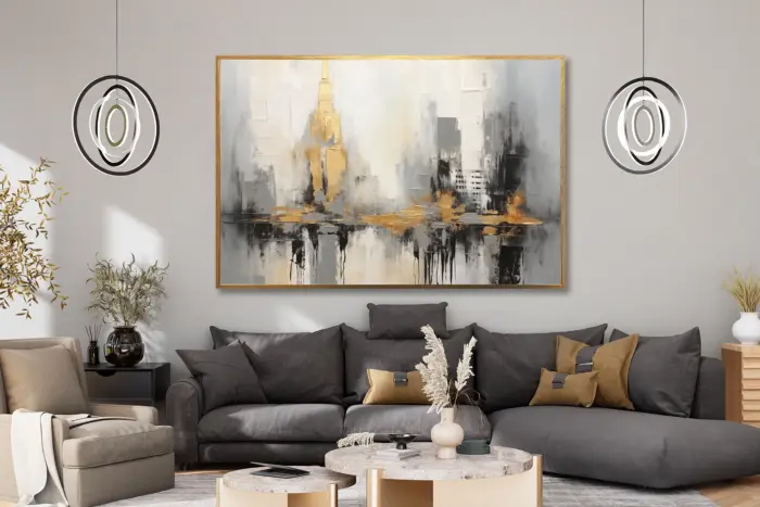 Yağlı Boya Dokulu Tablo Soyut New York Manzara Altın Çerçeveli - Görsel 2